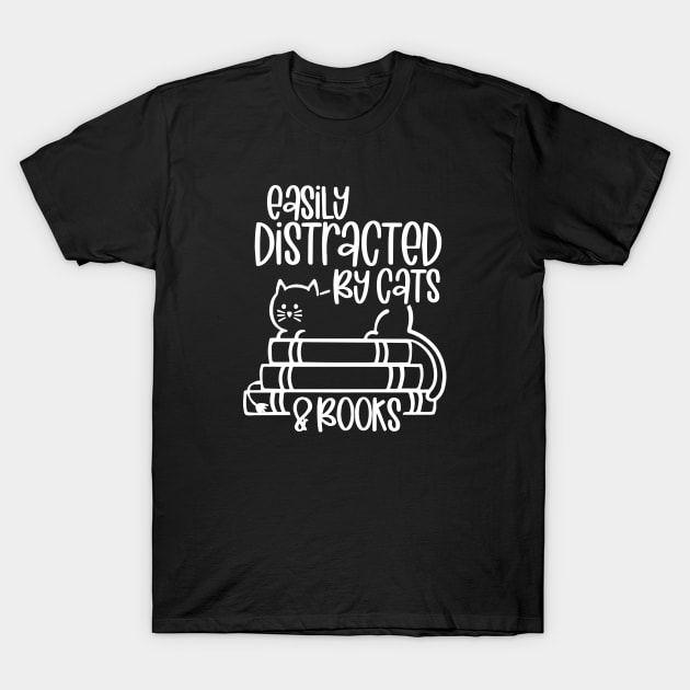 Easily Distracted Cats And Books Funny Gift For Cat Lovers T-Shirt by ZimBom Designer